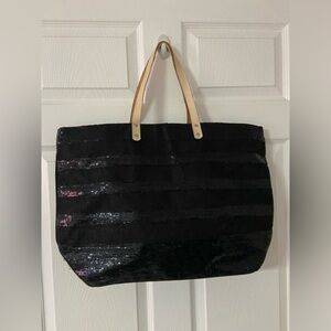 MUCHET ET MUCHETTE Black Sequined Stripe JUTE Tote Bag